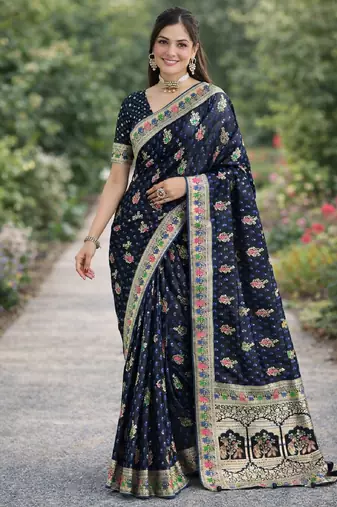 Blue silk blend banarasi saree with unstitched blouse piece