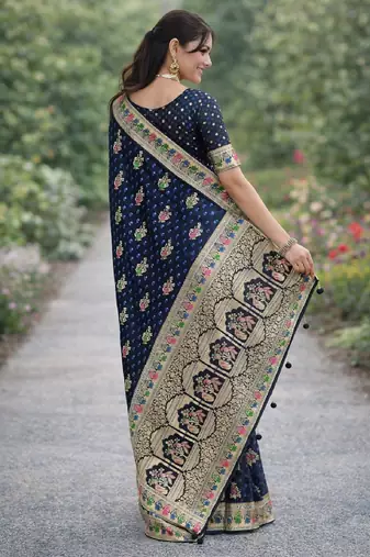 Blue silk blend banarasi saree with unstitched blouse piece