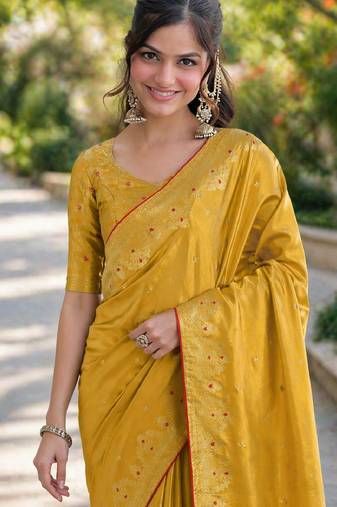 Yellow soft silk banarasi jacuard work designer party wear saree with unstitched blouse piece