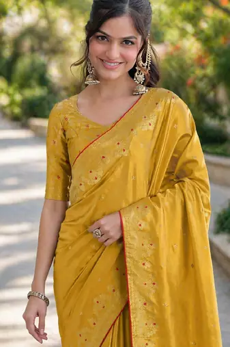 Yellow soft silk banarasi jacuard work designer party wear saree with unstitched blouse piece
