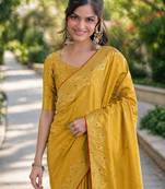 Yellow silk blend banarasi saree with unstitched blouse piece