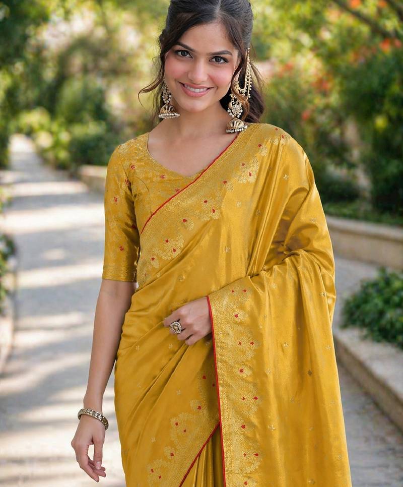 Yellow soft silk banarasi jacuard work designer party wear saree with unstitched blouse piece