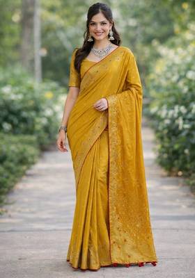Yellow silk blend banarasi saree with unstitched blouse piece 3