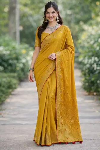Yellow silk blend banarasi saree with unstitched blouse piece