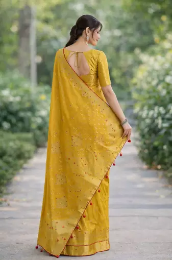 Yellow silk blend banarasi saree with unstitched blouse piece