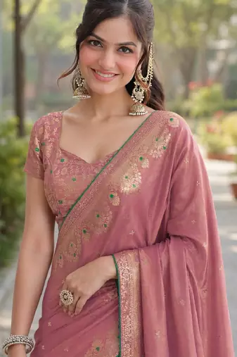 Light pink soft silk banarasi jacuard work designer party wear saree with unstitched blouse piece