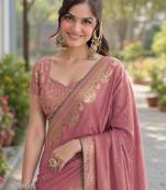Light pink silk blend banarasi saree with unstitched blouse piece