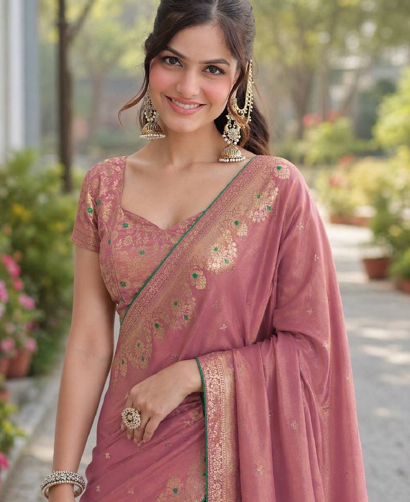 Light pink soft silk banarasi jacuard work designer party wear saree with unstitched blouse piece