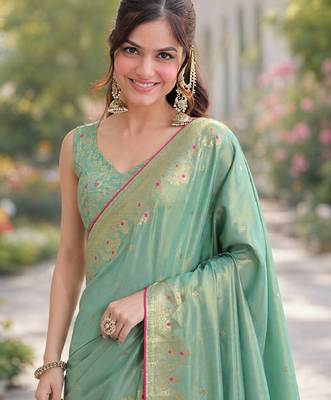 Rama silk blend banarasi saree with unstitched blouse piece 1