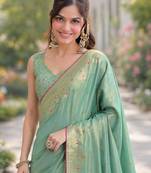 Rama silk blend banarasi saree with unstitched blouse piece