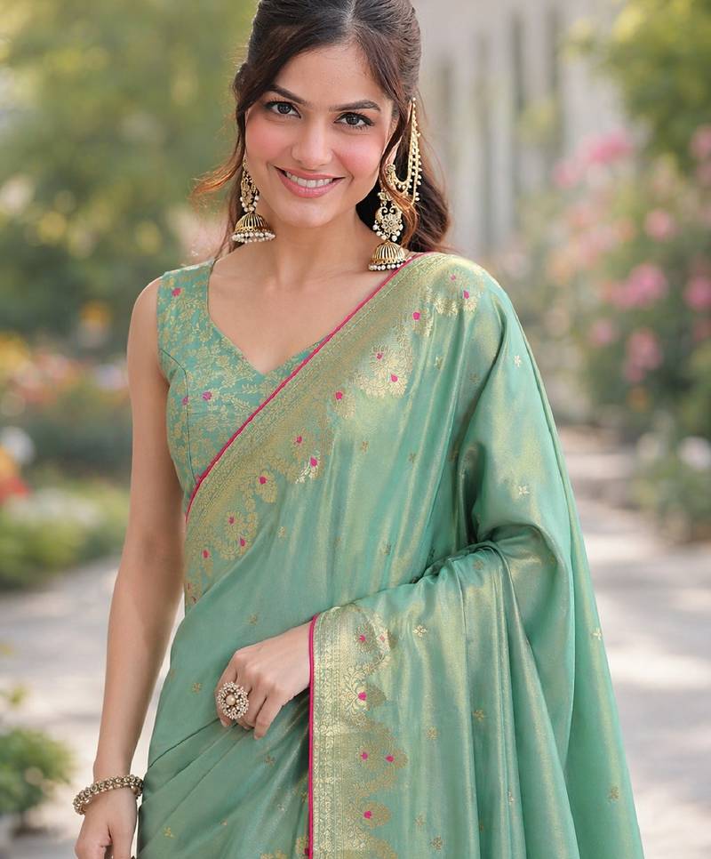 Rama soft silk banarasi jacuard work designer party wear saree with unstitched blouse piece