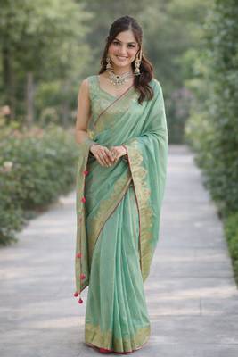 Rama silk blend banarasi saree with unstitched blouse piece 3