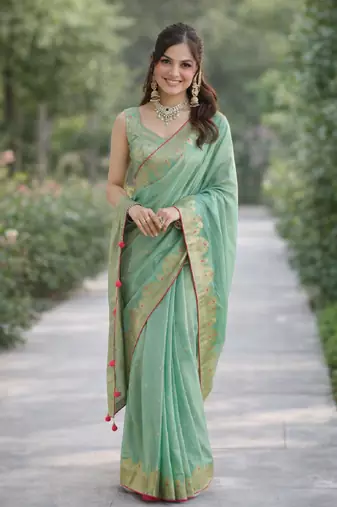 Rama silk blend banarasi saree with unstitched blouse piece