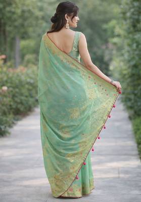 Rama silk blend banarasi saree with unstitched blouse piece 4