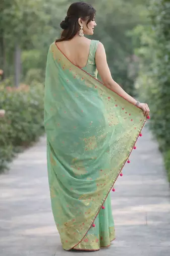 Rama silk blend banarasi saree with unstitched blouse piece