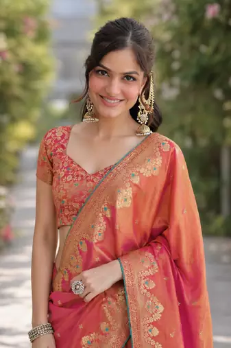 Pink soft silk banarasi jacuard work designer party wear saree with unstitched blouse piece