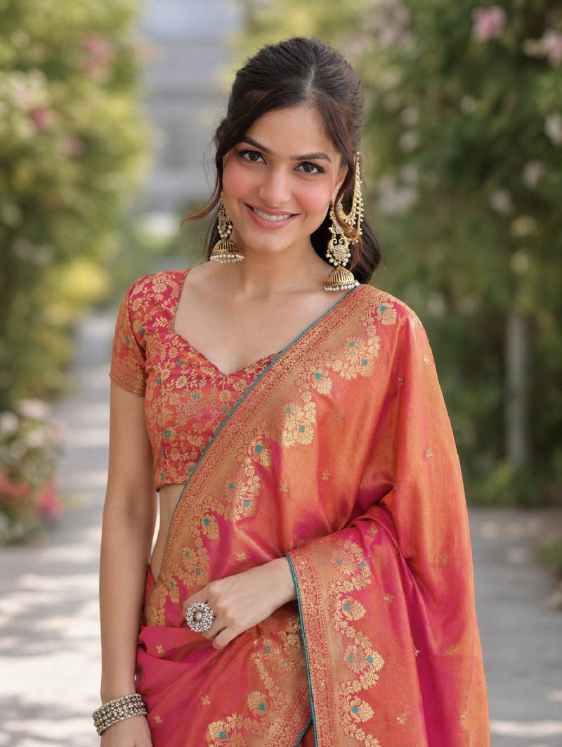 Pink soft silk banarasi jacuard work designer party wear saree with unstitched blouse piece