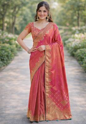 Pink silk blend banarasi saree with unstitched blouse piece 3