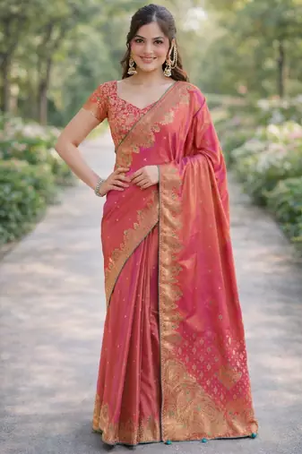 Pink silk blend banarasi saree with unstitched blouse piece