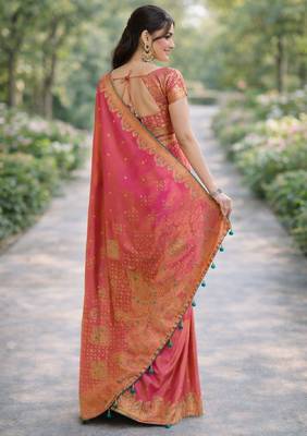 Pink silk blend banarasi saree with unstitched blouse piece 4