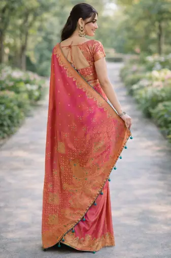 Pink silk blend banarasi saree with unstitched blouse piece