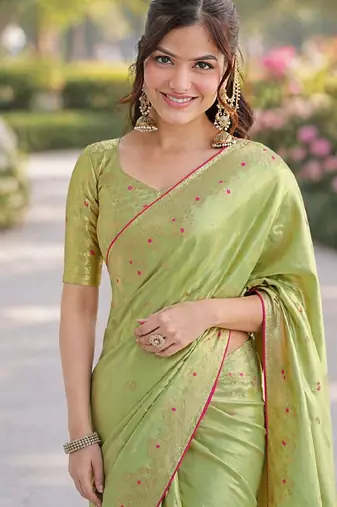 Pista soft silk banarasi jacuard work designer party wear saree with unstitched blouse piece