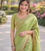 Pista silk blend banarasi saree with unstitched blouse piece
