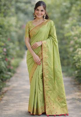 Pista silk blend banarasi saree with unstitched blouse piece 3