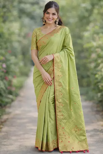 Pista silk blend banarasi saree with unstitched blouse piece