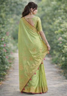 Pista silk blend banarasi saree with unstitched blouse piece 4