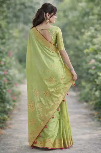 Pista silk blend banarasi saree with unstitched blouse piece
