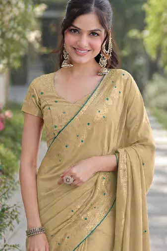 Cream soft silk banarasi jacuard work designer party wear saree with unstitched blouse piece