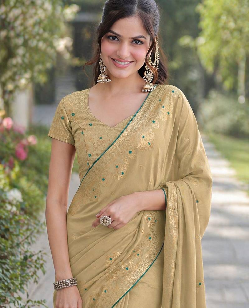 Cream soft silk banarasi jacuard work designer party wear saree with unstitched blouse piece