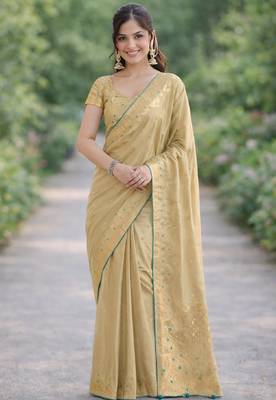 Cream silk blend banarasi saree with unstitched blouse piece 3