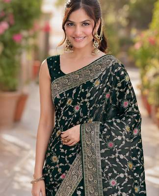 Green silk blend banarasi saree with unstitched blouse piece 1