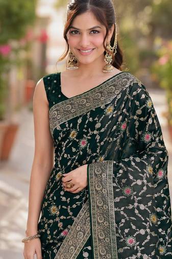 Green soft silk banarasi jacuard work designer party wear saree with unstitched blouse piece