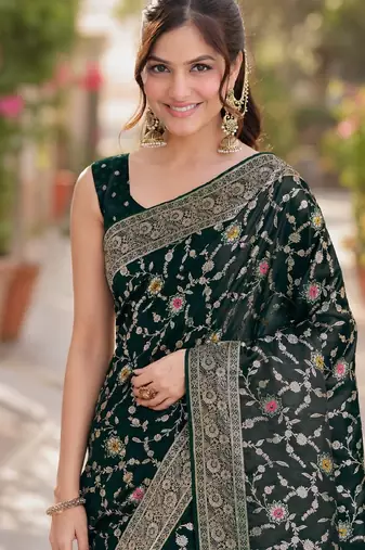 Green soft silk banarasi jacuard work designer party wear saree with unstitched blouse piece