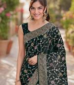 Green silk blend banarasi saree with unstitched blouse piece
