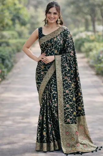 Green silk blend banarasi saree with unstitched blouse piece
