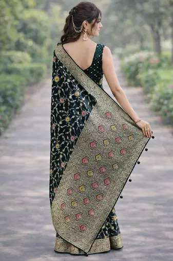 Green silk blend banarasi saree with unstitched blouse piece