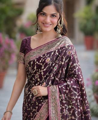 Wine silk blend banarasi saree with unstitched blouse piece 1