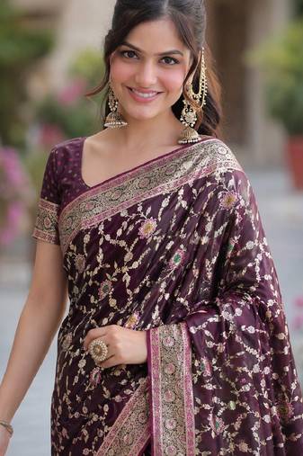 Wine soft silk banarasi jacuard work designer party wear saree with unstitched blouse piece