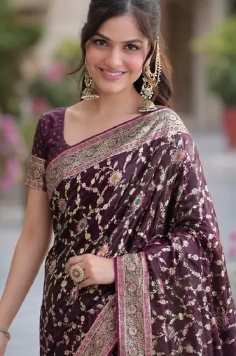 Wine soft silk banarasi jacuard work designer party wear saree with unstitched blouse piece