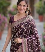 Wine silk blend banarasi saree with unstitched blouse piece