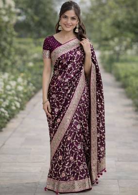 Wine silk blend banarasi saree with unstitched blouse piece 3