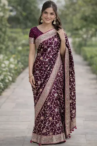 Wine silk blend banarasi saree with unstitched blouse piece