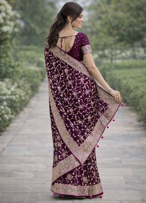 Wine silk blend banarasi saree with unstitched blouse piece 4