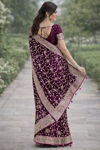 Wine silk blend banarasi saree with unstitched blouse piece