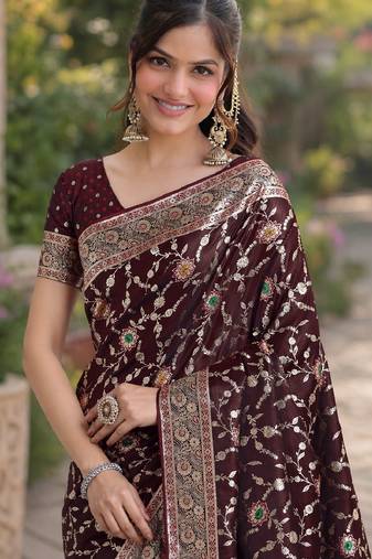 Maroon soft silk banarasi jacuard work designer party wear saree with unstitched blouse piece