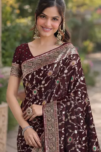 Maroon soft silk banarasi jacuard work designer party wear saree with unstitched blouse piece